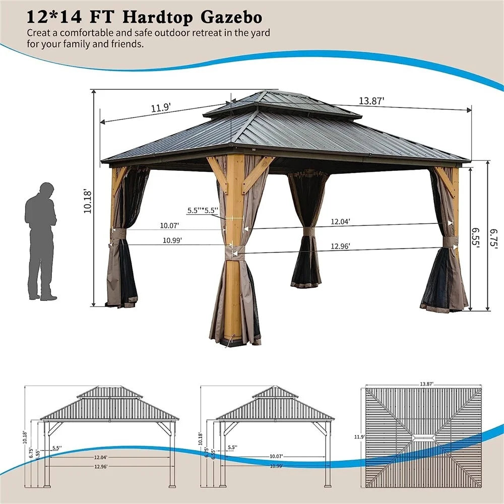 12'x14' Outdoor Wood Frame Hardtop Gazebo with Galvanized Steel Double Roof M914