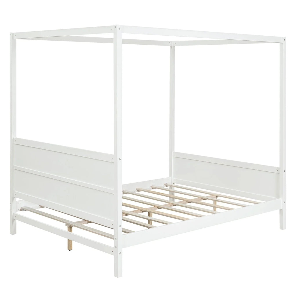 White Queen Size Canopy Platform Bed with Headboard and Footboard R18086