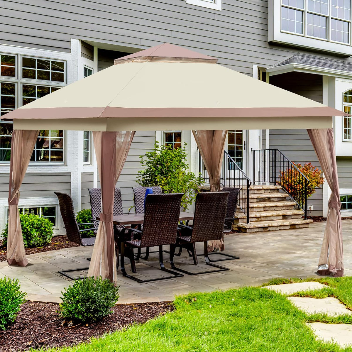 11’ X 11’ Pop Up Canopy Tent with Mosquito Netting, Beige D9130