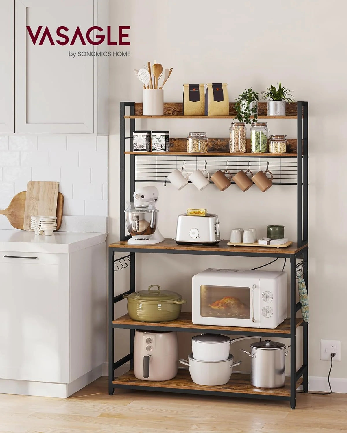 Rustic Brown and Black Kitchen Storage Shelf with Power Outlet L108