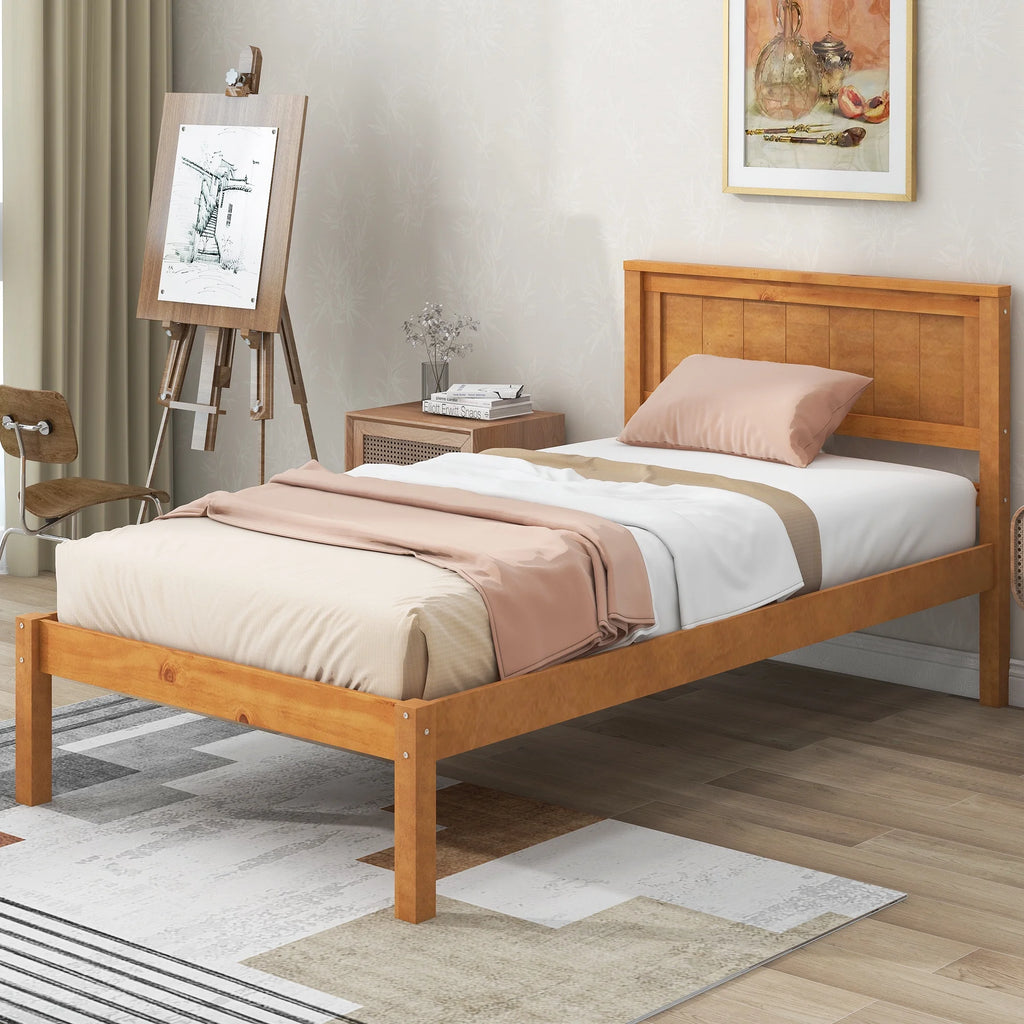 Twin Platform Bed Frame with Headboard and Wood Slat Support S362476