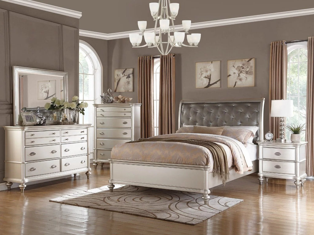 California King Size 4pc Bed Set Faux Leather Tufted Headboard Dresser Mirror Nightstand F41198
