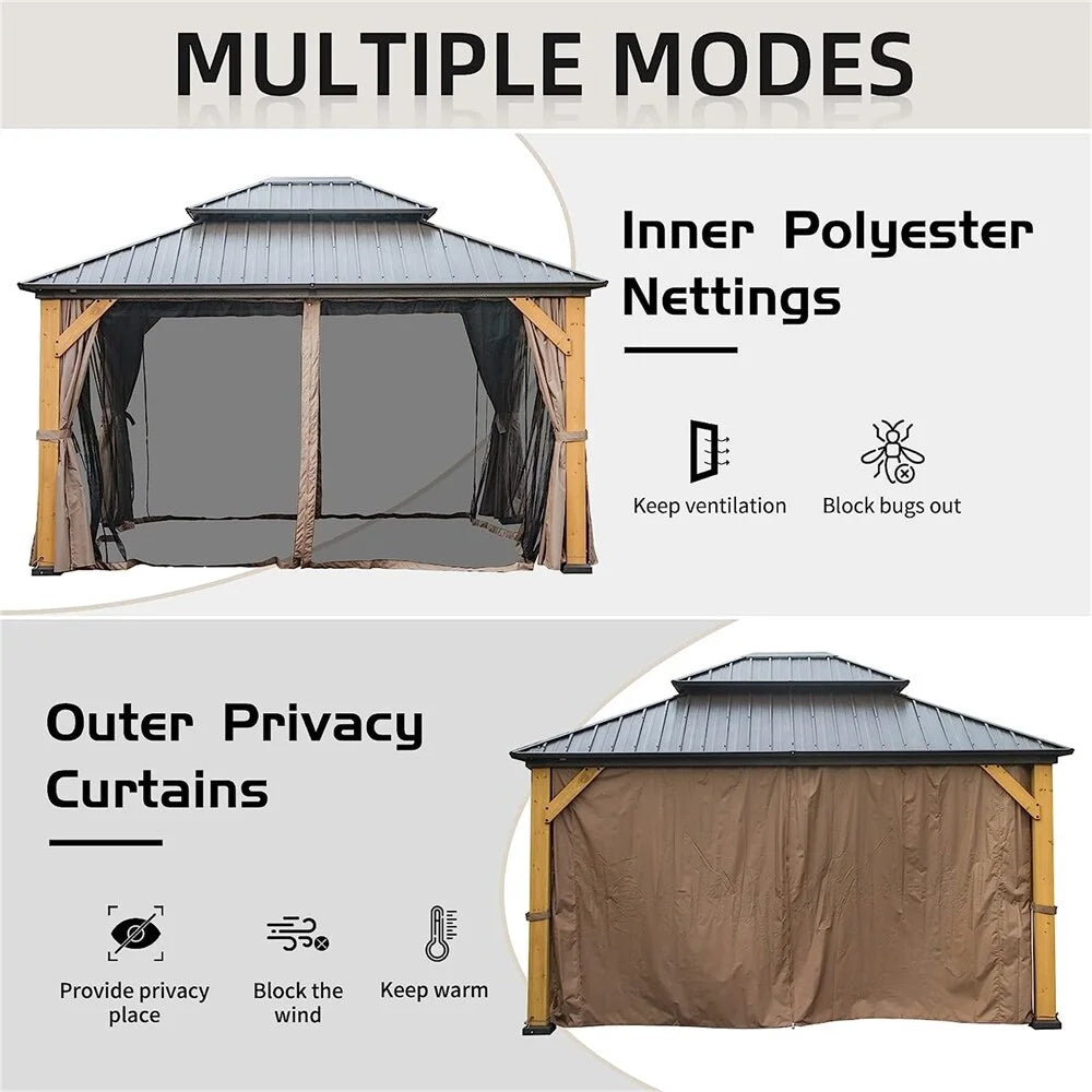 12'x14' Outdoor Wood Frame Hardtop Gazebo with Galvanized Steel Double Roof M914