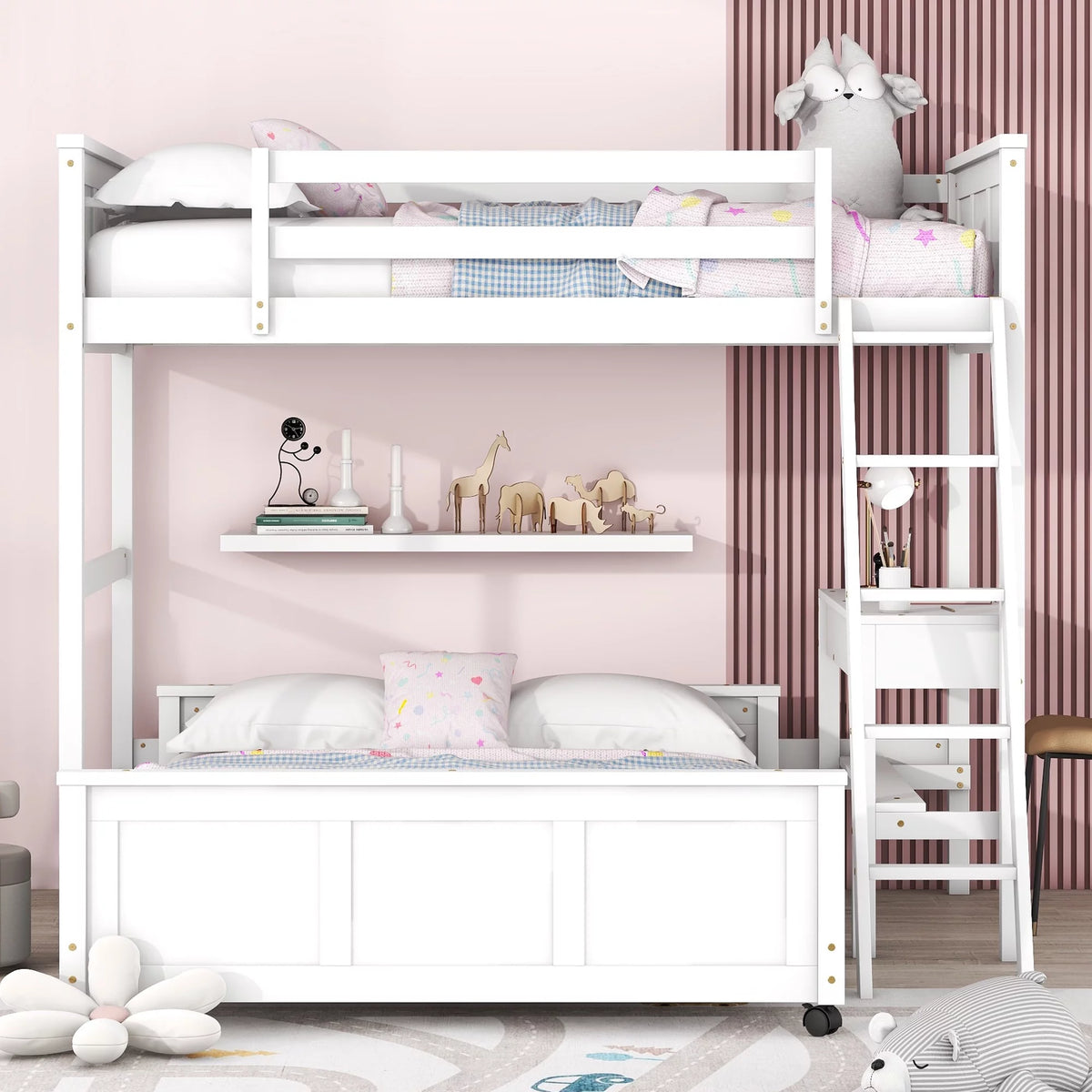 White Twin Over Full Bunk Bed with Desk T52490