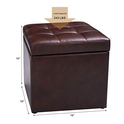 16" Storage Ottoman Cube with Hinged Lid, Flip Top Footstool, PU Leather, Black V320274