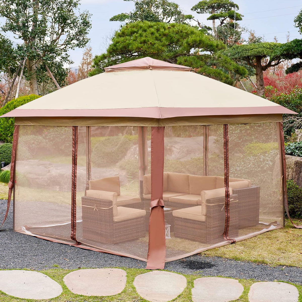 11’ X 11’ Pop Up Canopy Tent with Mosquito Netting, Beige D9130