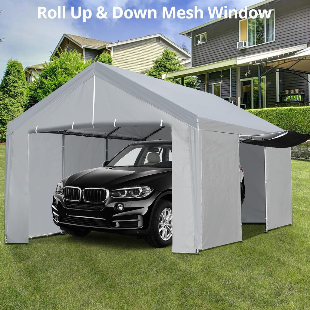 Grey Heavy Duty Metal Frame Carport 13×20 FT with Removable Sidewall & Door E69810