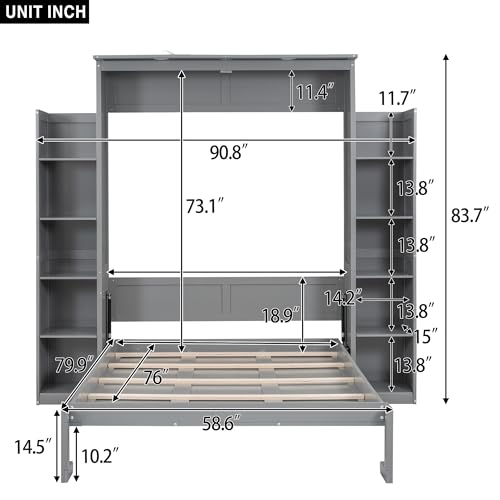 Queen Size Wood Murphy Bed with Shelves and LED Lights, Grey P918659