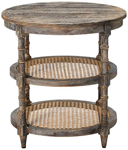 Round Mango Wood Table with 2 Cane Shelves B7615