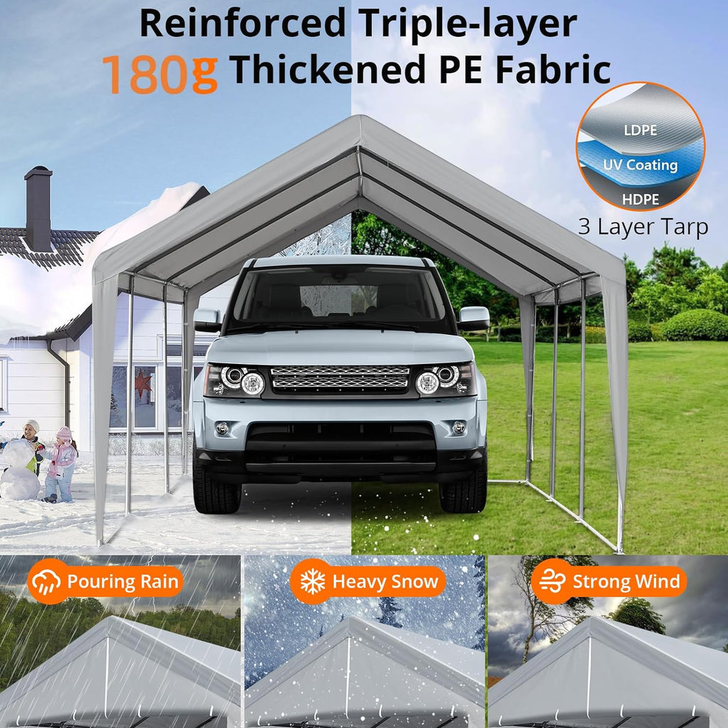 Grey Heavy Duty Metal Frame Carport 13×20 FT with Removable Sidewall & Door E69810