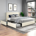 Queen Size Upholstered Bed Frame with 4 Drawers Storage and Headboard, Ivory Velvet H169