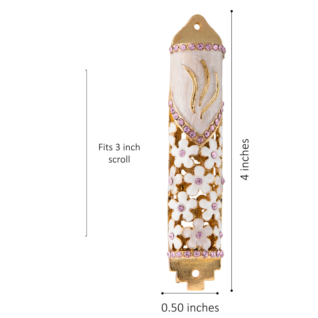 Hand Painted Enamel Mezuzah with Gold Accents and Purple Crystals T755