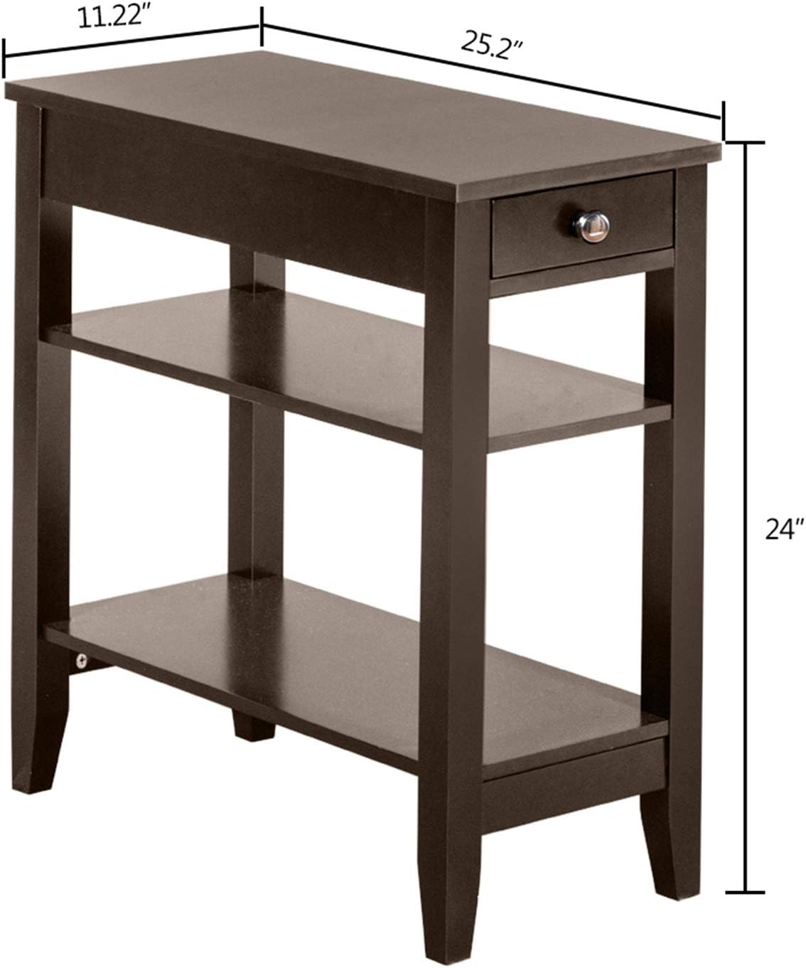 Brown End Table with Drawer, 2-Tier Open Storage Shelves, 11.2" L x 23.62" W x 24" H S20228