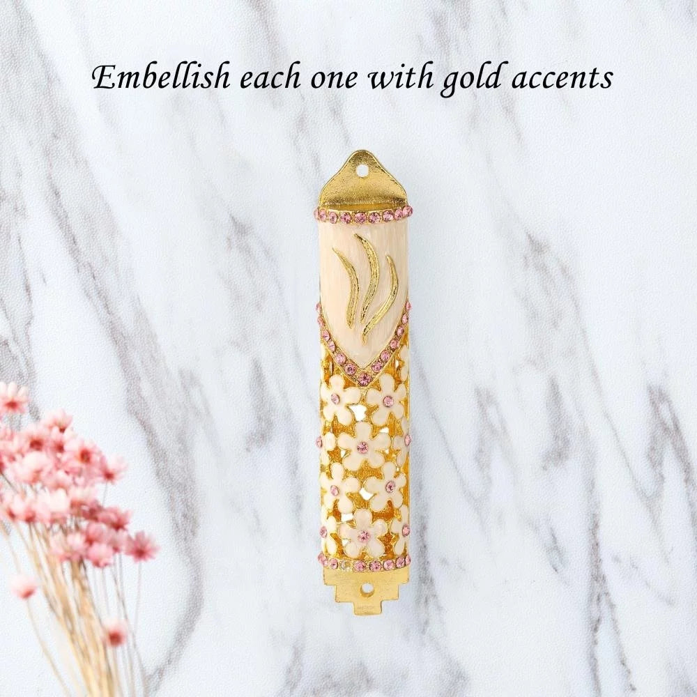 Hand Painted Enamel Mezuzah with Gold Accents and Purple Crystals T755