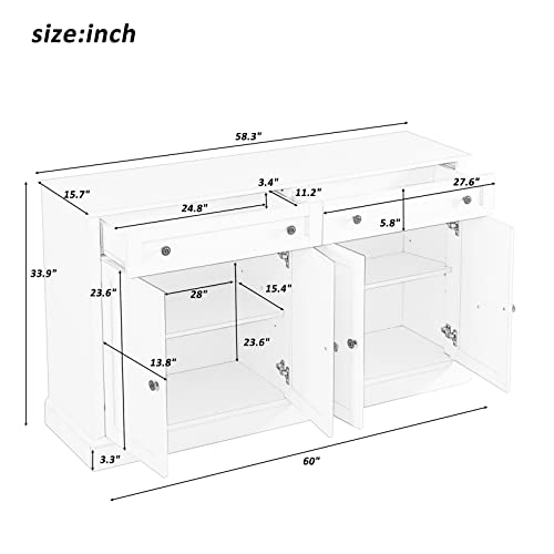60" White 4-Door Sideboard Buffet with 2 Drawers and Adjustable Shelves Z410