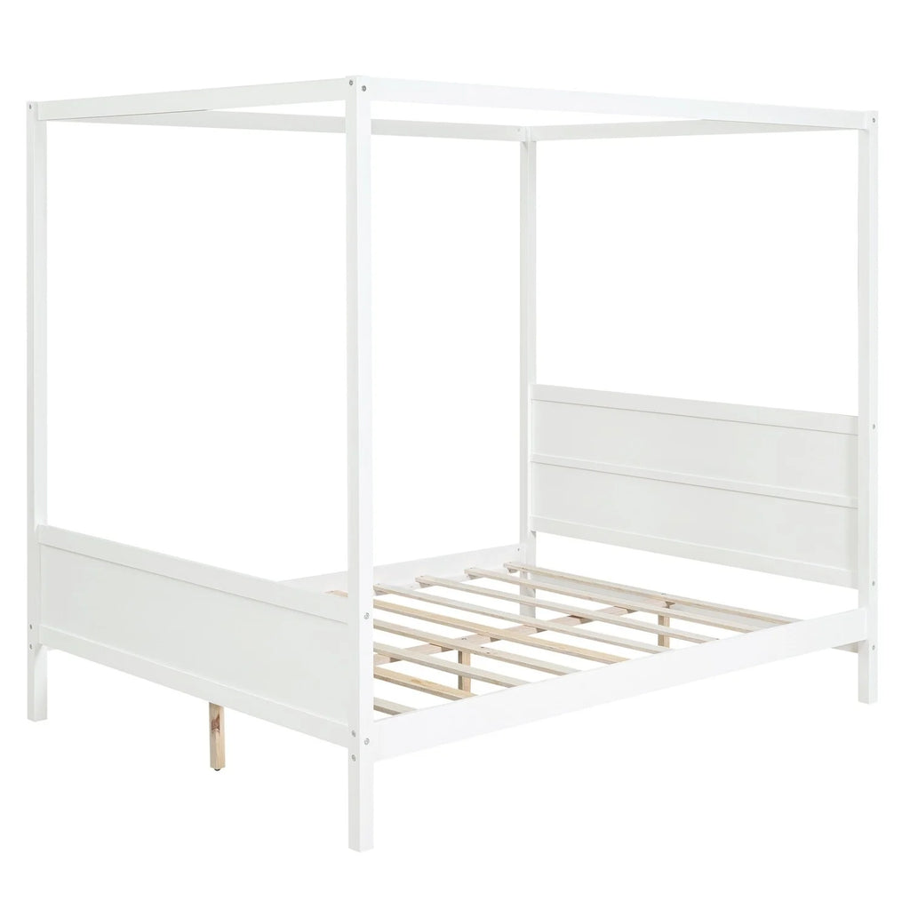 White Queen Size Canopy Platform Bed with Headboard and Footboard R18086