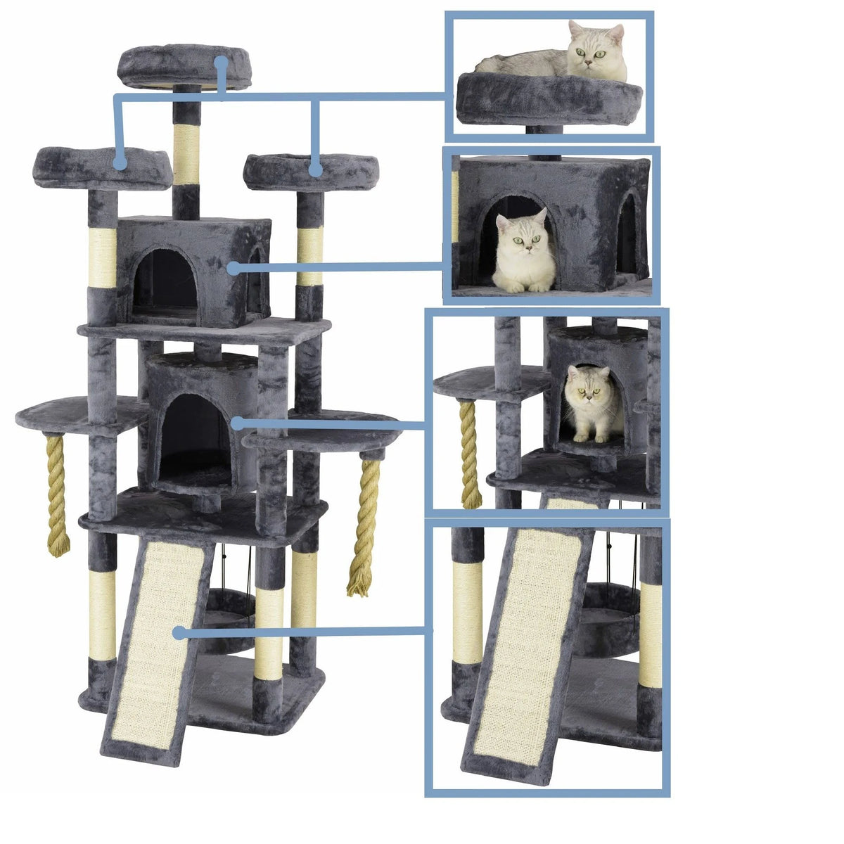 Slate Grey Cat Tree House with Sisal Covered Scratchers T6115
