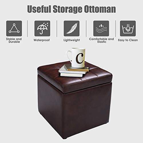 16" Storage Ottoman Cube with Hinged Lid, Flip Top Footstool, PU Leather, Black V320274