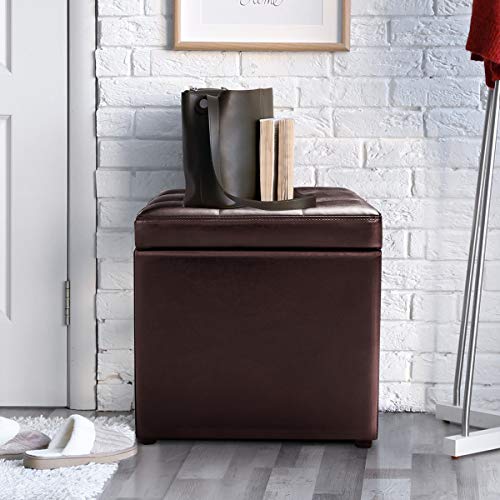 16" Storage Ottoman Cube with Hinged Lid, Flip Top Footstool, PU Leather, Black V320274