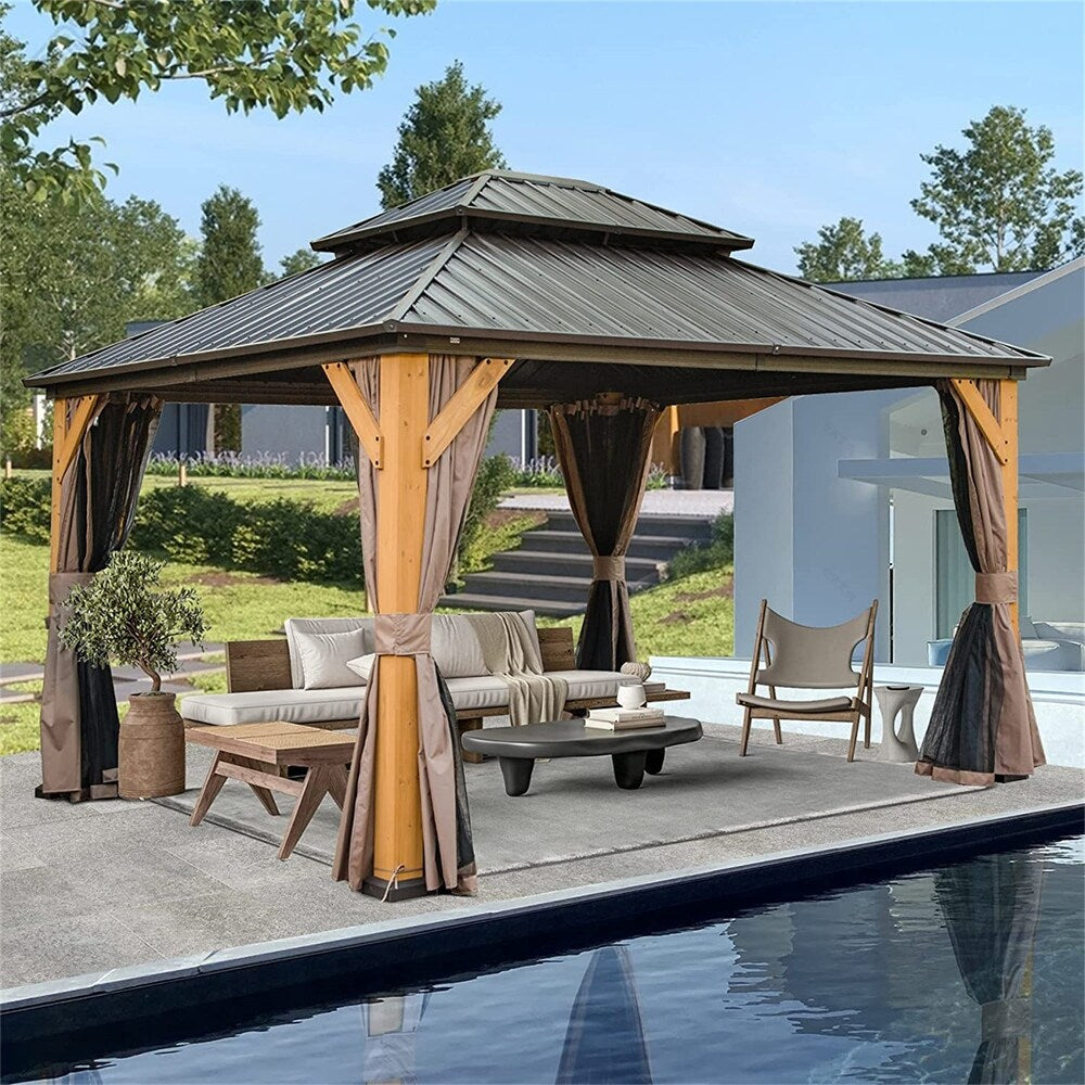 12'x14' Outdoor Wood Frame Hardtop Gazebo with Galvanized Steel Double Roof M914