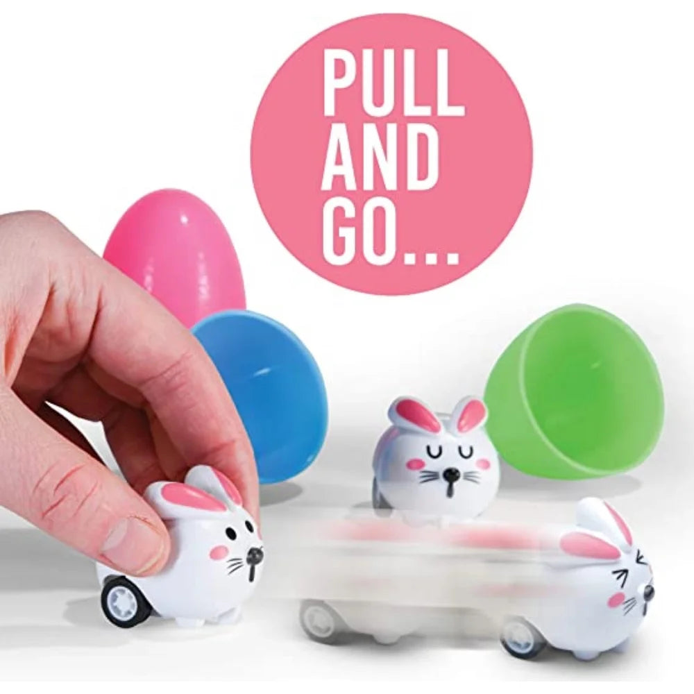 6 Toy Filled Easter Eggs with Mini Pull-n-Go Easter Bunnies O410