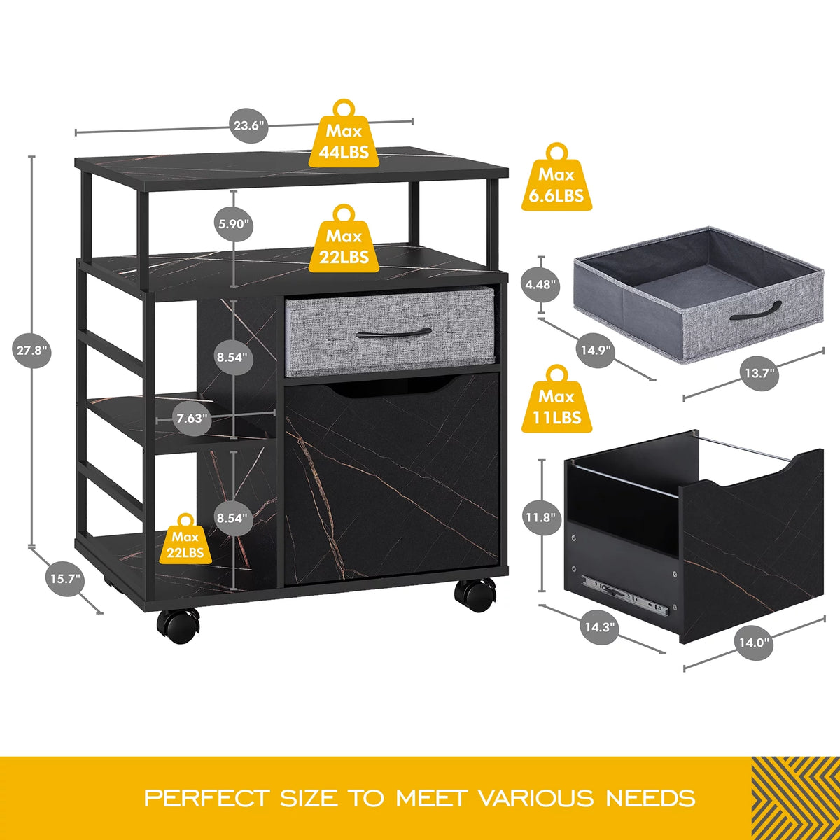 Black Marbled Mobile Office Storage Cabinet with Sliding Filing Drawers C13112