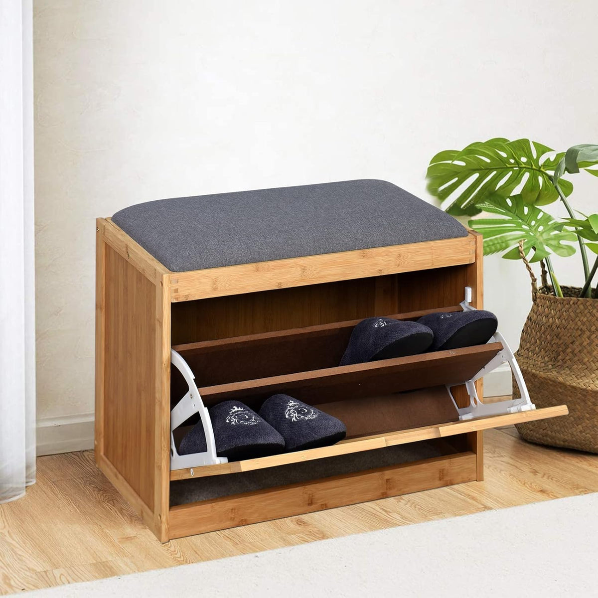 3 Tier Bamboo Shoe Storage Bench with Padded Seat Cushion E829