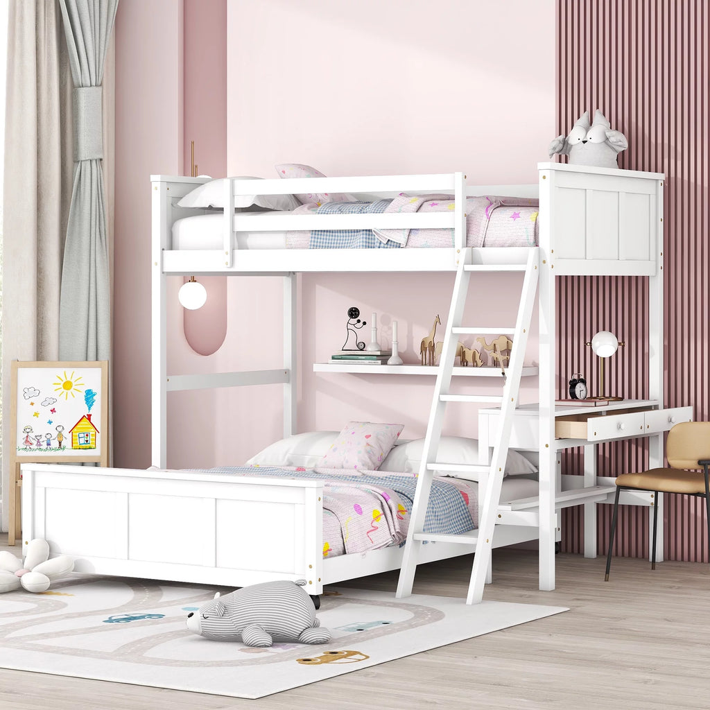 White Twin Over Full Bunk Bed with Desk T52490