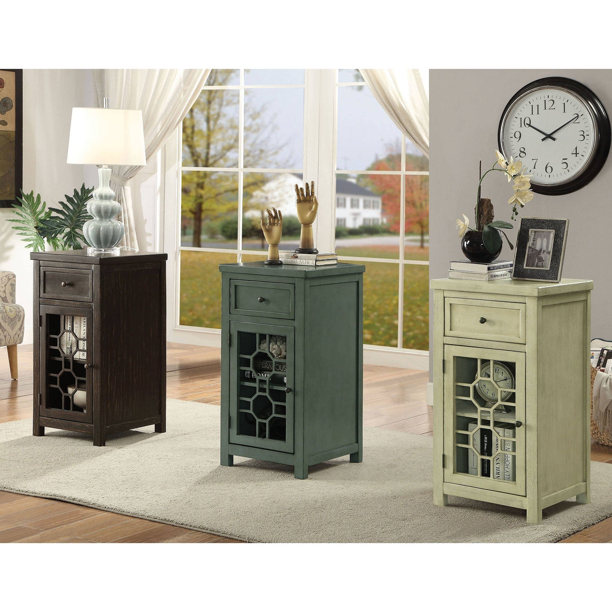 Antique Teal Solid Wood 1-Drawer Side Table D375