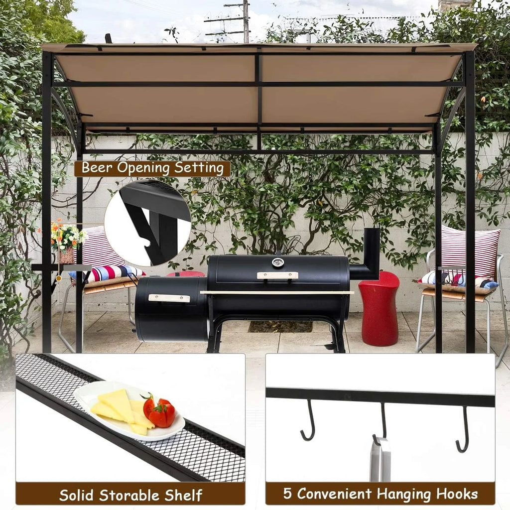 7ft Grill Gazebo with Serving Shelf and Storage Hooks, Steel Frame (Coffee) Q555