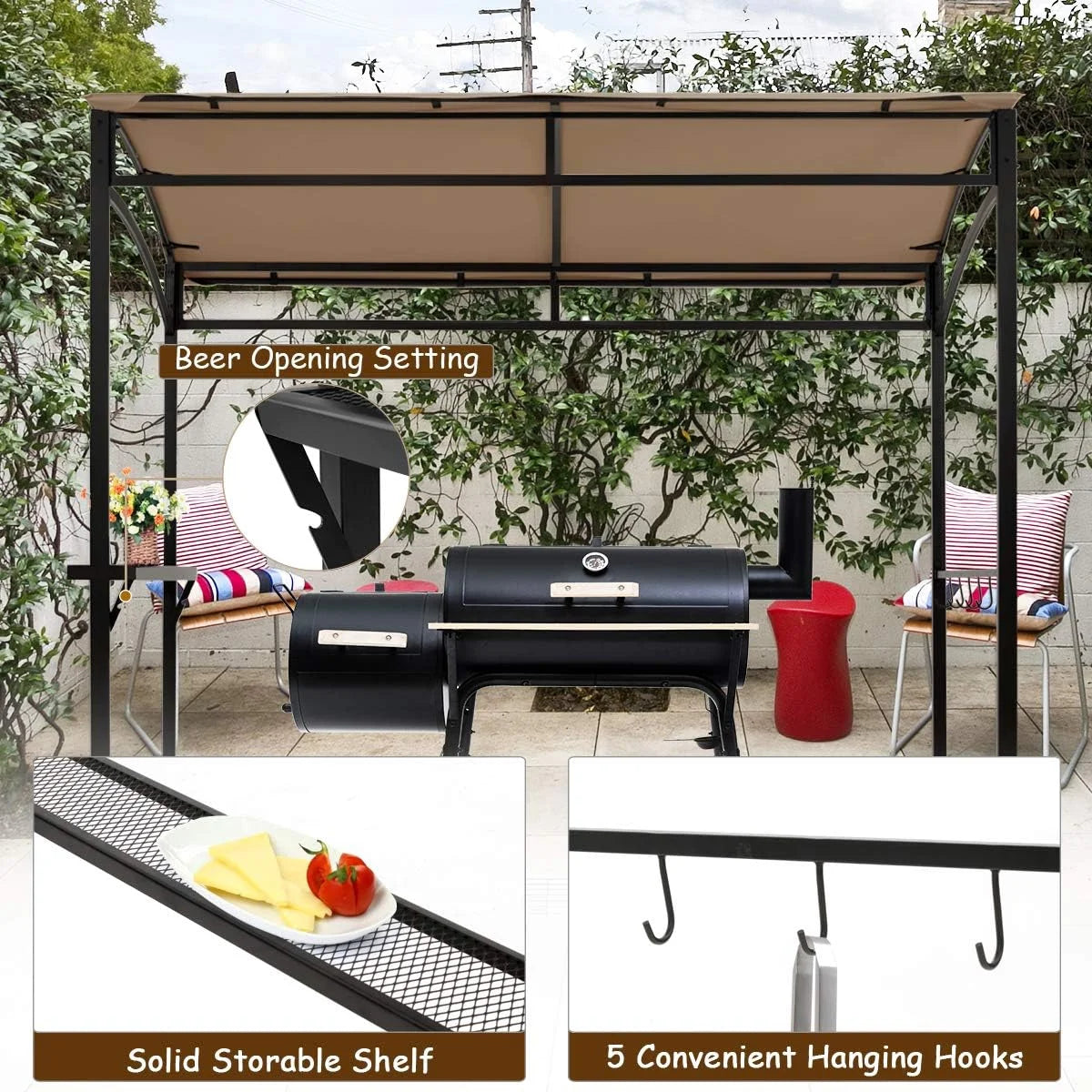 7ft Grill Gazebo with Serving Shelf and Storage Hooks, Steel Frame (Coffee) Q555