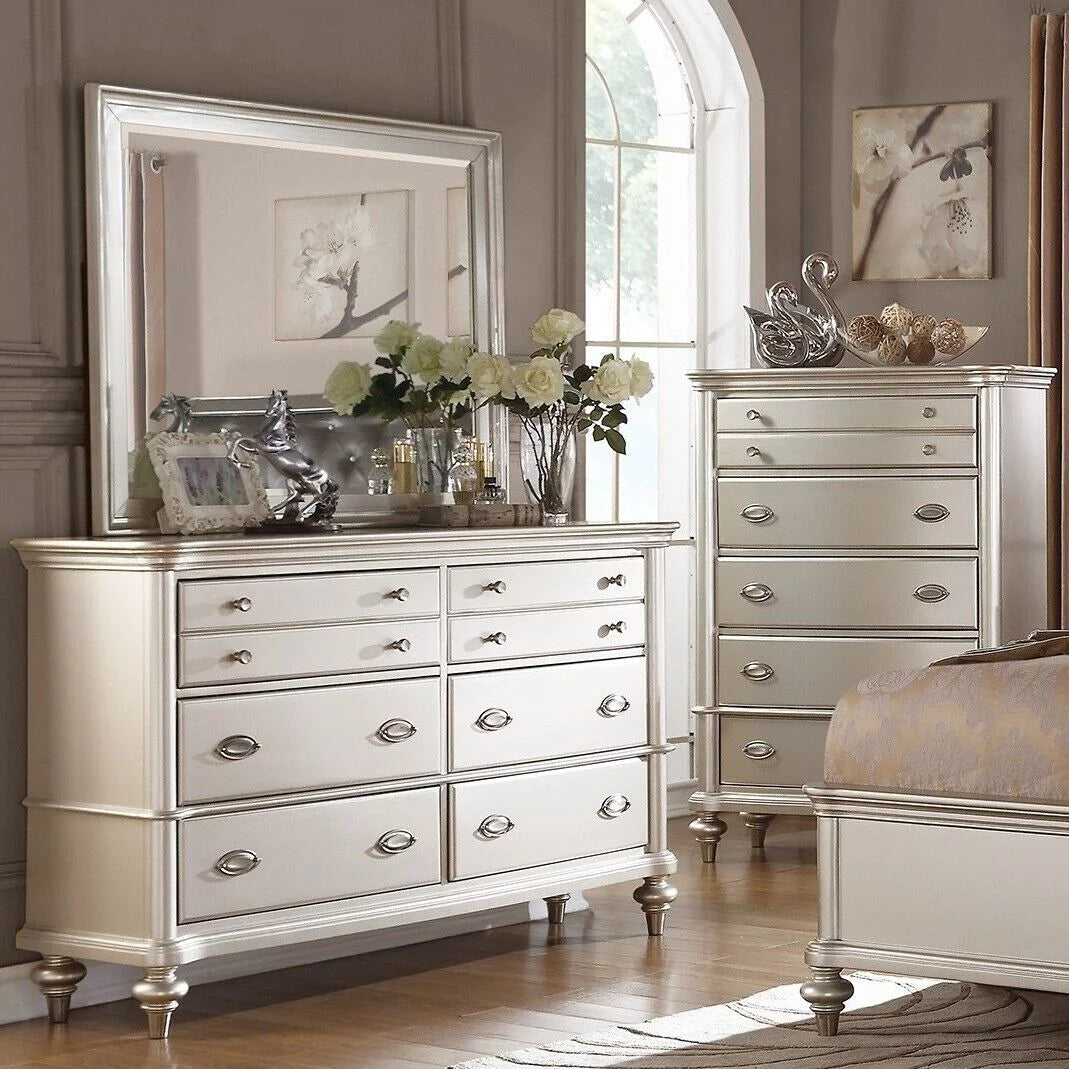 California King Size 4pc Bed Set Faux Leather Tufted Headboard Dresser Mirror Nightstand F41198