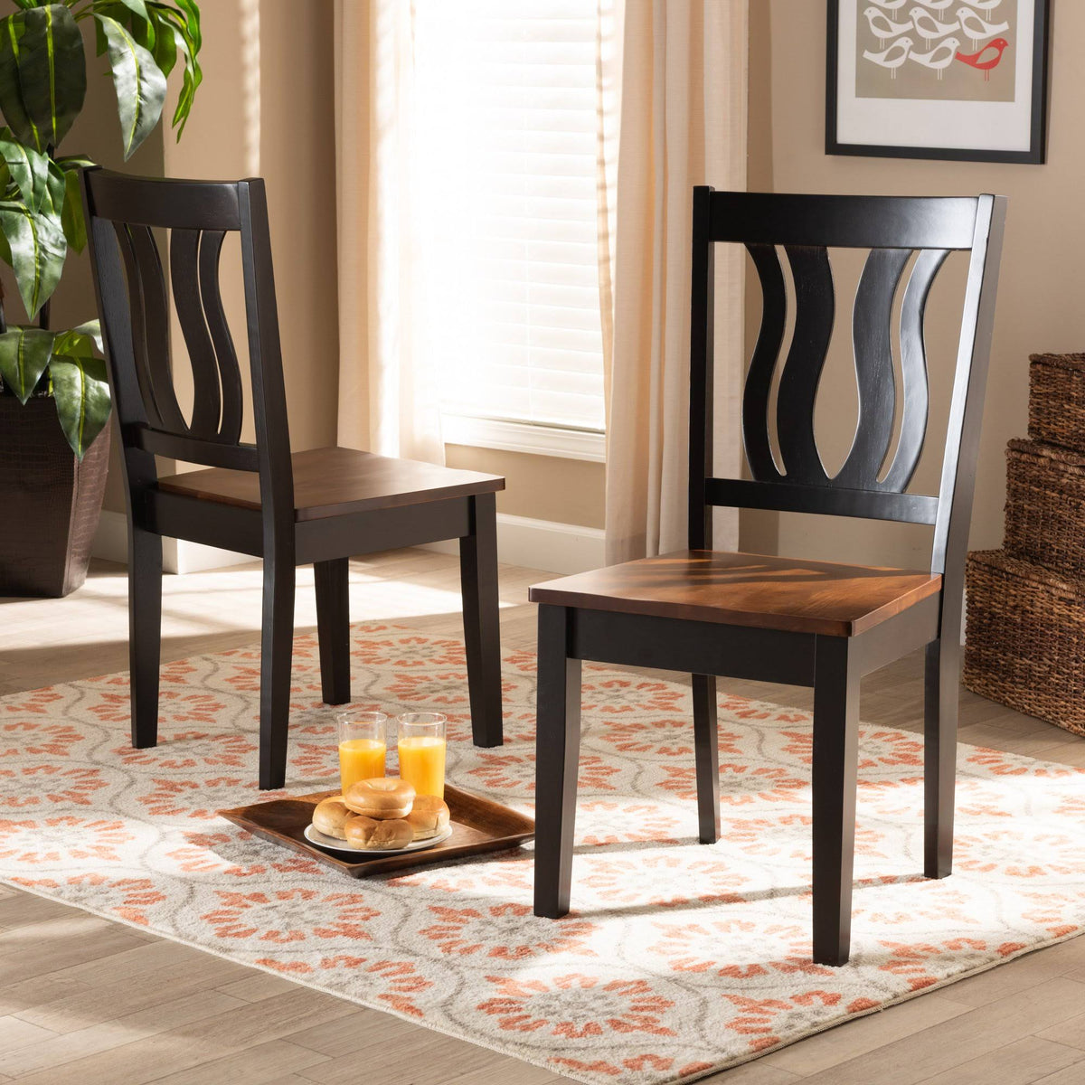 2-Piece Dark Brown and Walnut Brown Wood Dining Chair W250