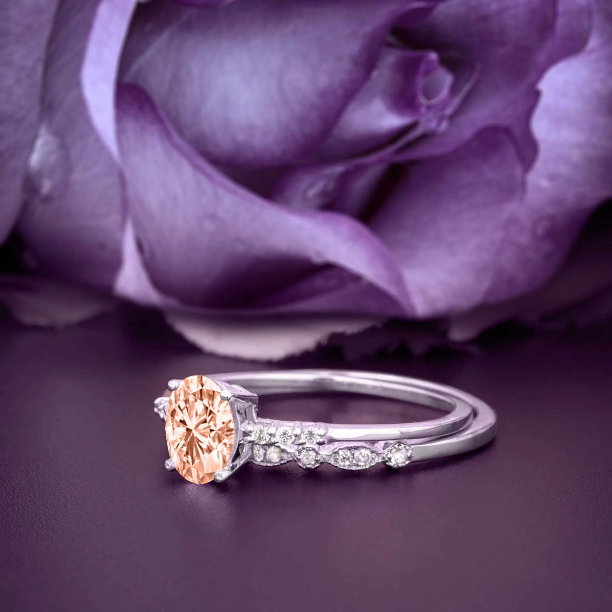 2.00 Carat Oval Cut Morganite And Diamond Moissanite Engagement Ring Set in 925 Sterling Silver With 18k White Gold Plating B453