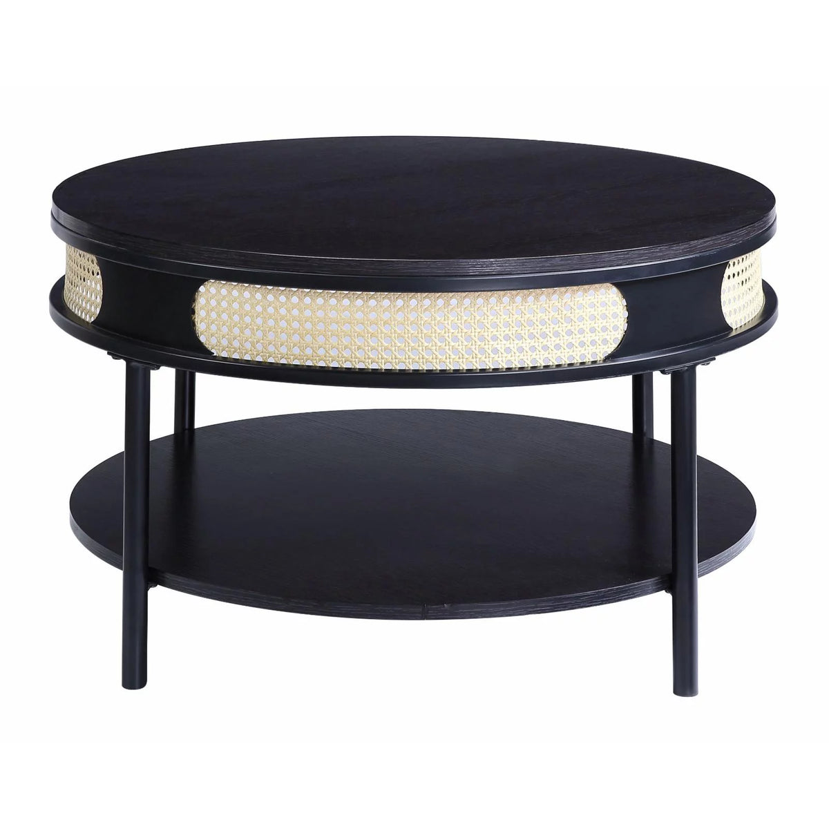Round Wood Top Coffee Table with Bottom Shelf in Black T408