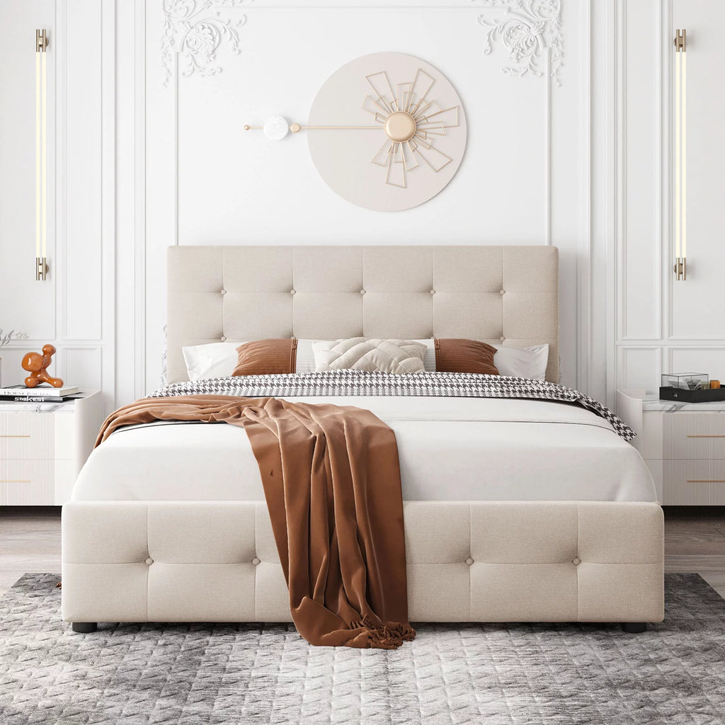 Queen Size Platform Bed with 4 Drawers Beige I8212