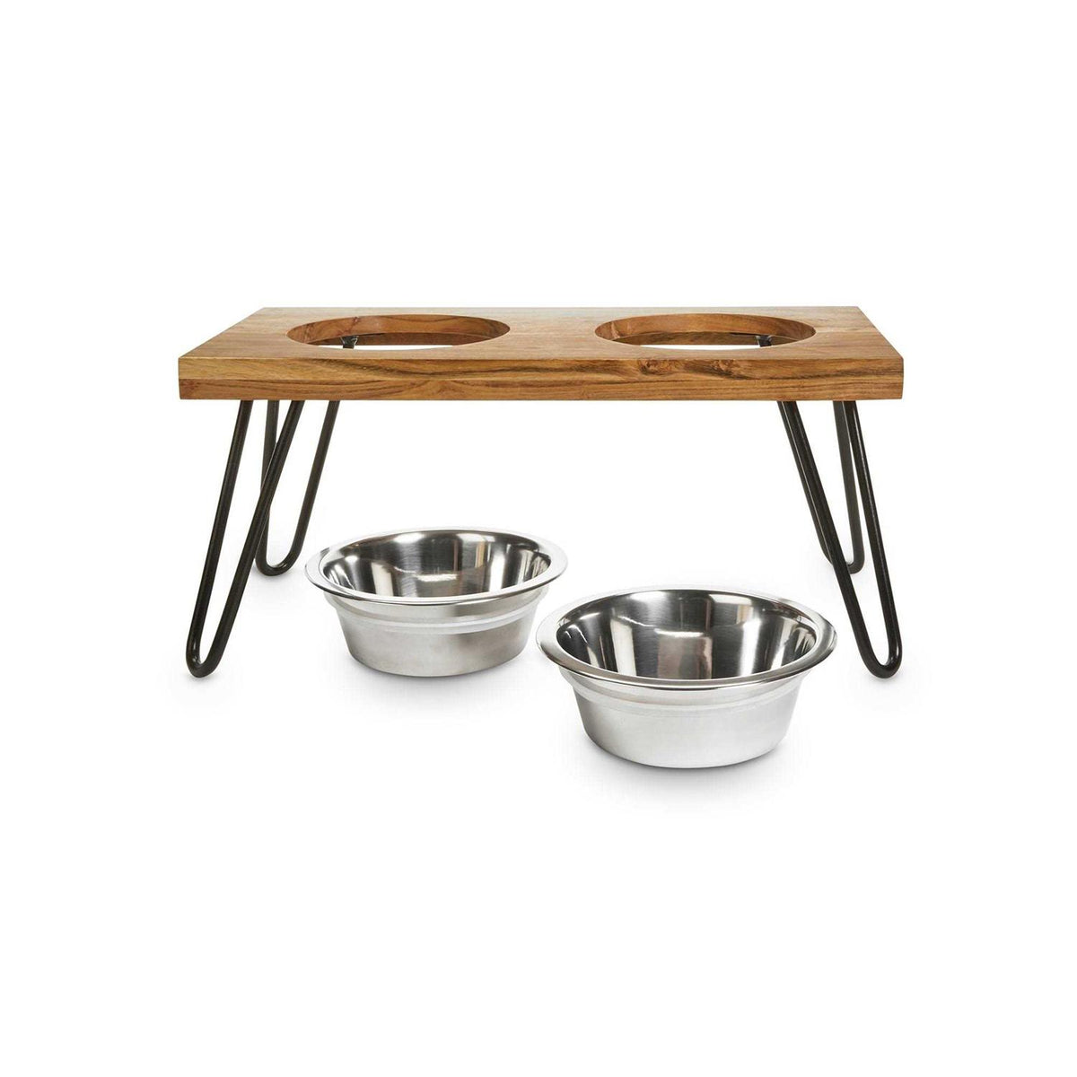 Elevated Wood Double Diner with Stainless-Steel Bowls X916