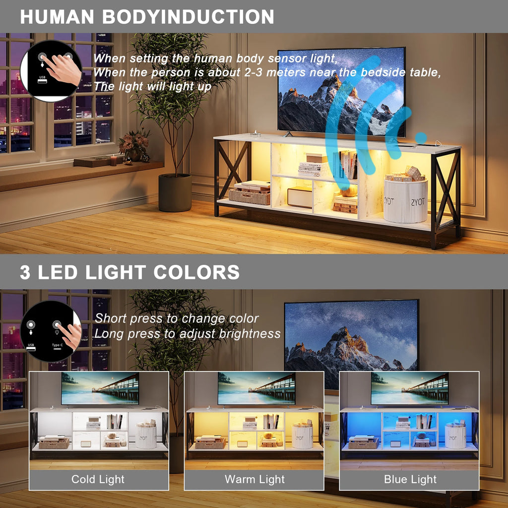 White LED TV Stand with Charging Station and Storage Cabinet E46772