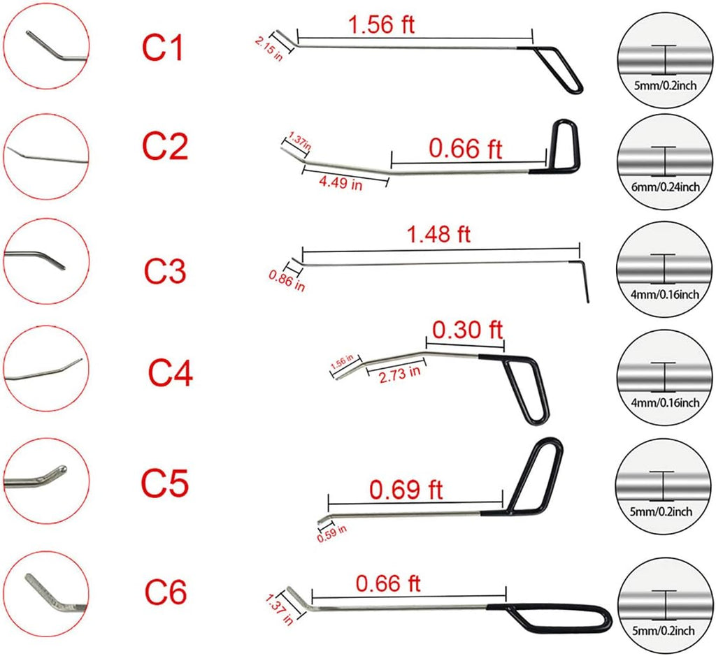 Paintless Dent Repair Tools 6 Pieces C Style Rods B22393
