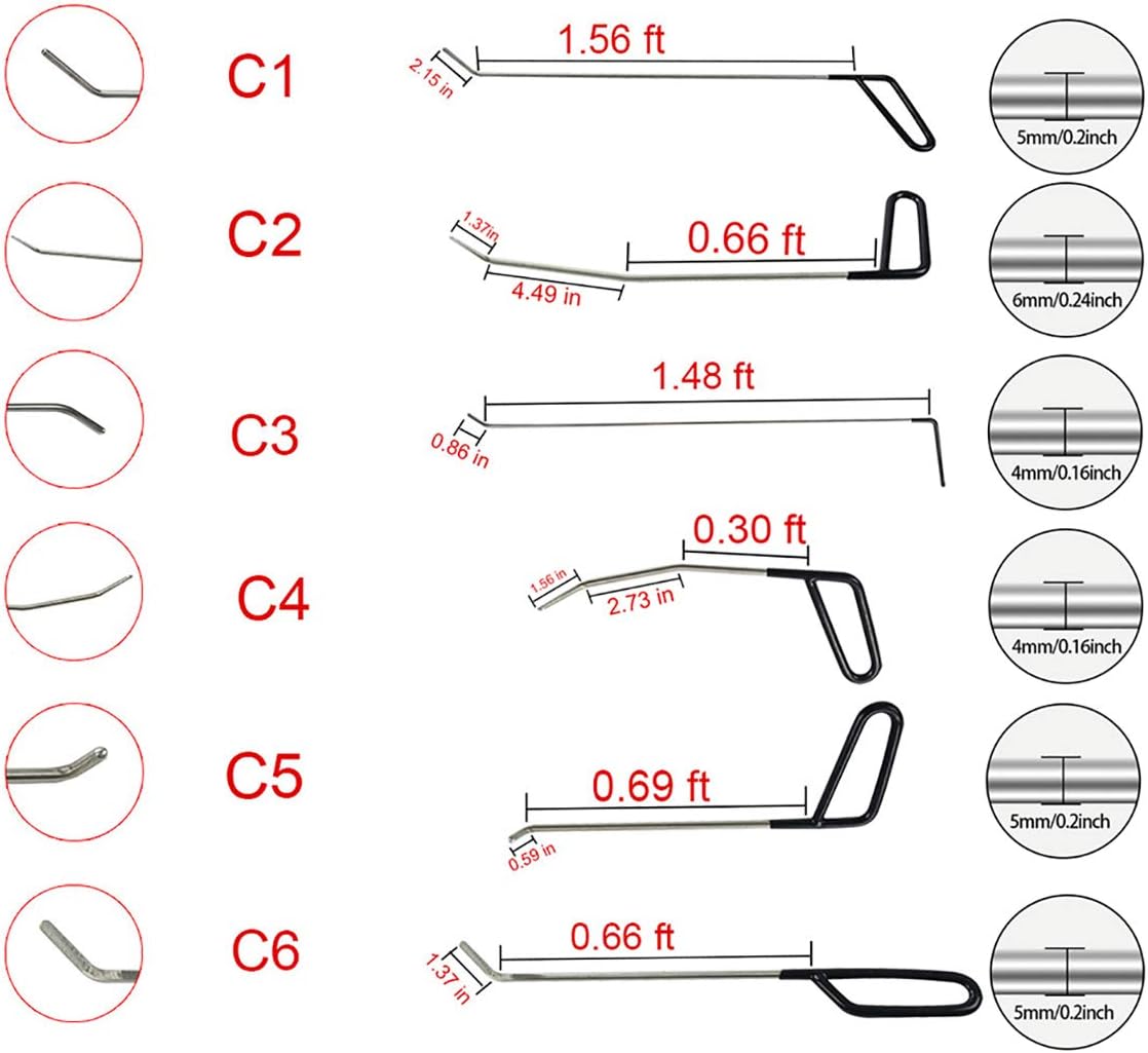 Paintless Dent Repair Tools 6 Pieces C Style Rods B22393