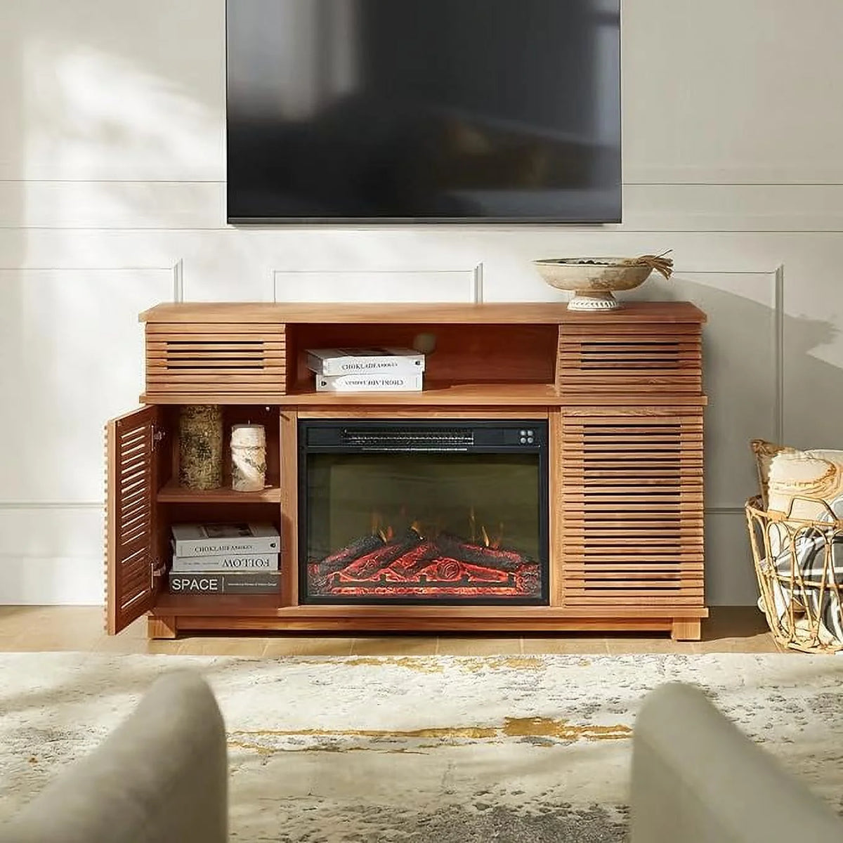 52 Fireplace TV Stand Farmhouse 2 Drawers Adjustable Electric Wood Media Console Cabinet D665