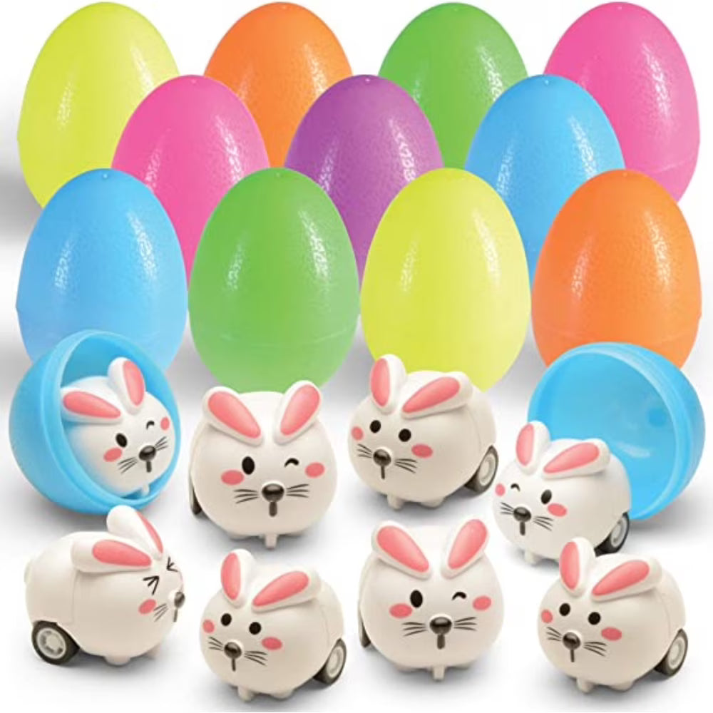 6 Toy Filled Easter Eggs with Mini Pull-n-Go Easter Bunnies O410