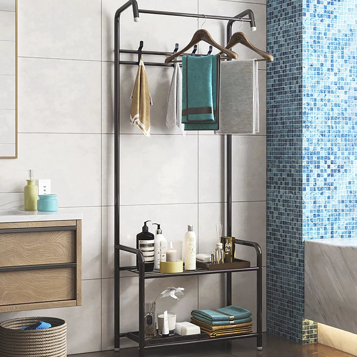 Black Hall Tree with Shoe Storage and 8 Hooks G41421