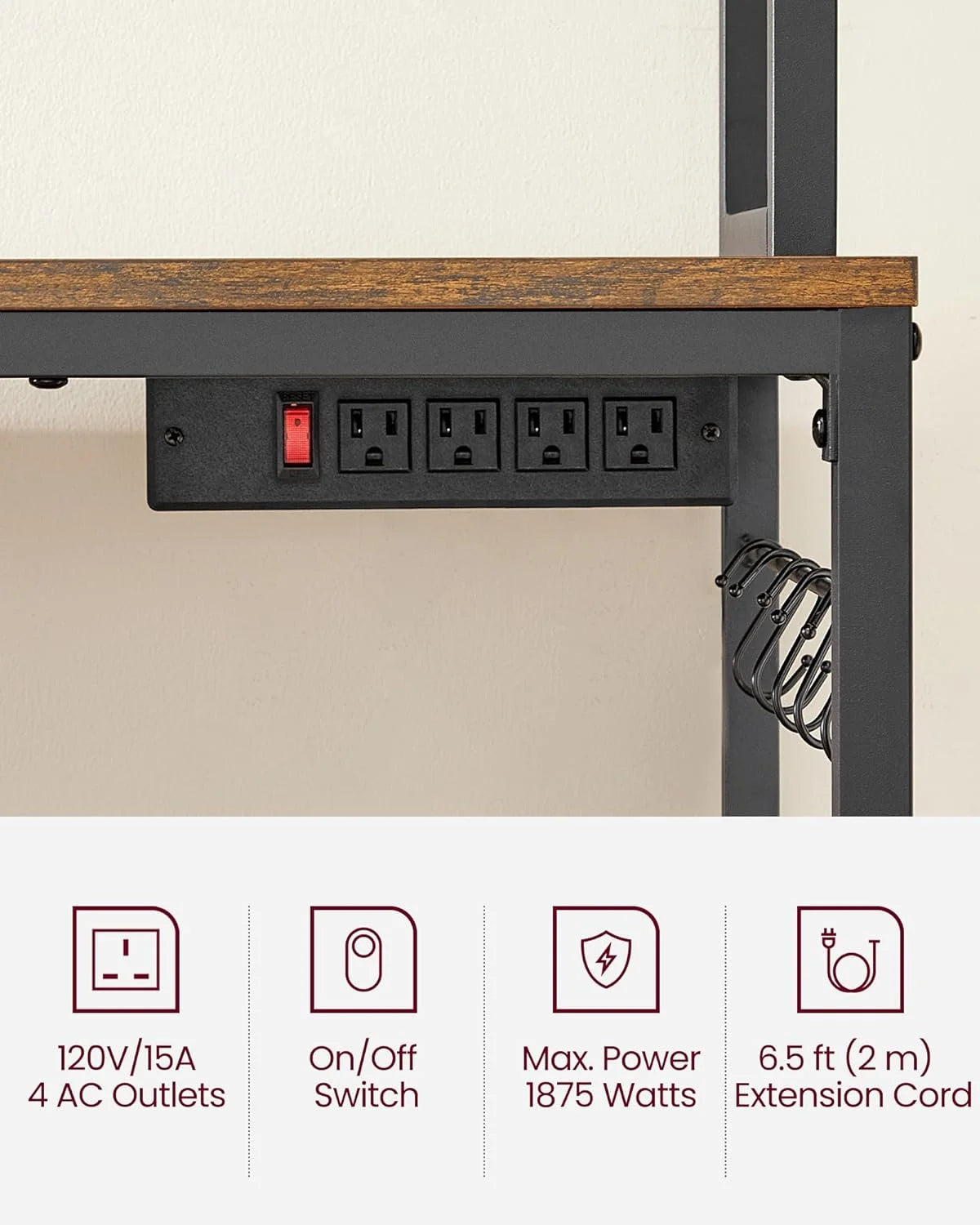 Rustic Brown and Black Kitchen Storage Shelf with Power Outlet L108