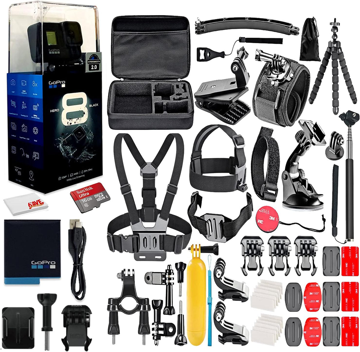 HERO8 Black Digital Action Camera - Waterproof, Touch Screen, 4K UHD Video, 12MP Photos, Stabilization - 16GB Card - with 50 Piece Accessory Kit Z888