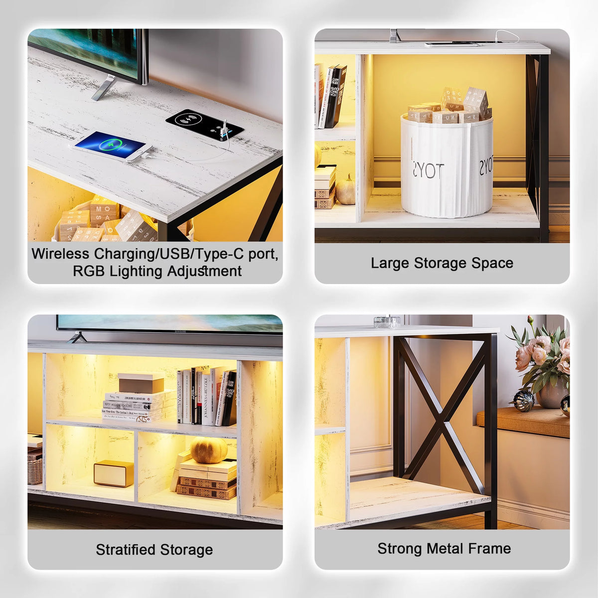 White LED TV Stand with Charging Station and Storage Cabinet E46772