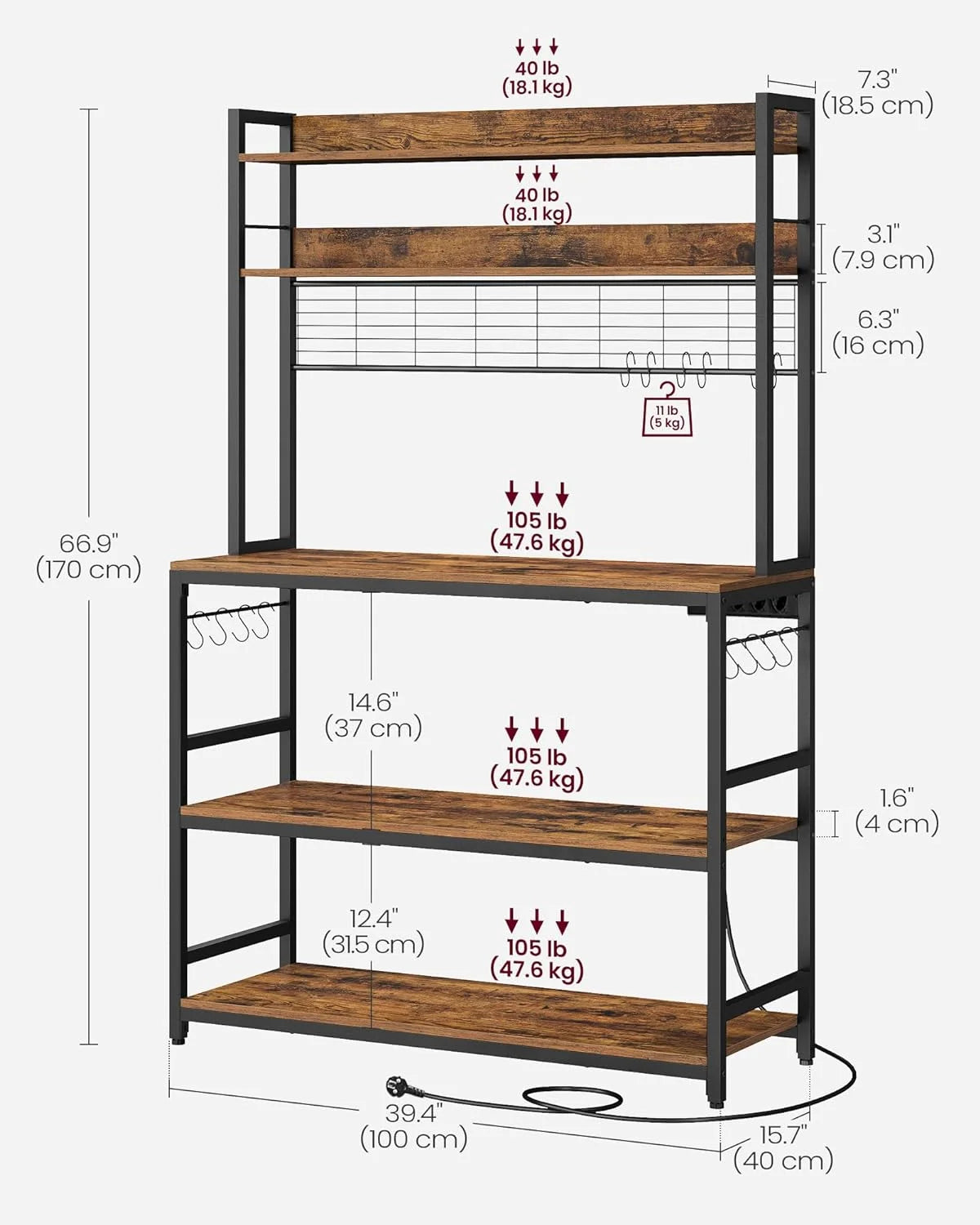 Rustic Brown and Black Kitchen Storage Shelf with Power Outlet L108