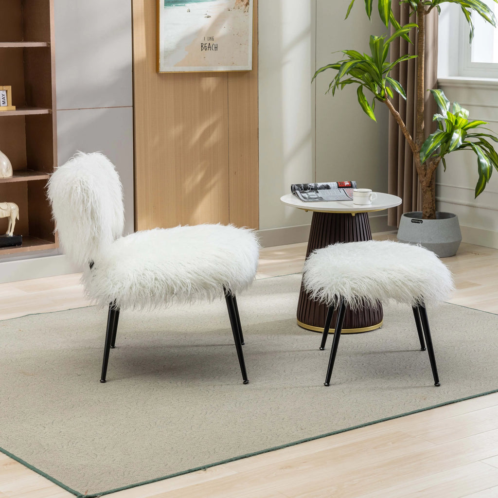 Ivory Faux Fur Plush Accent Chair With Ottoman Q25009
