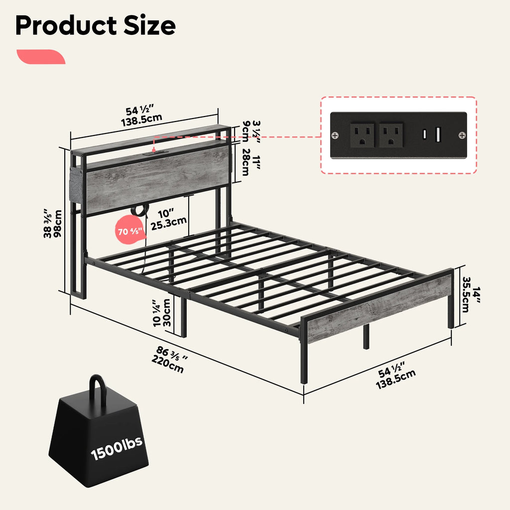 Queen Size Grey Platform Bed with Storage Headboard T7739