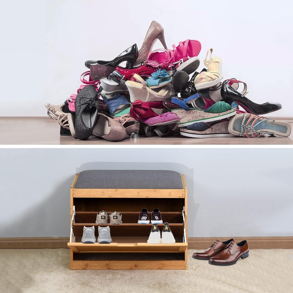 3 Tier Bamboo Shoe Storage Bench with Padded Seat Cushion E829